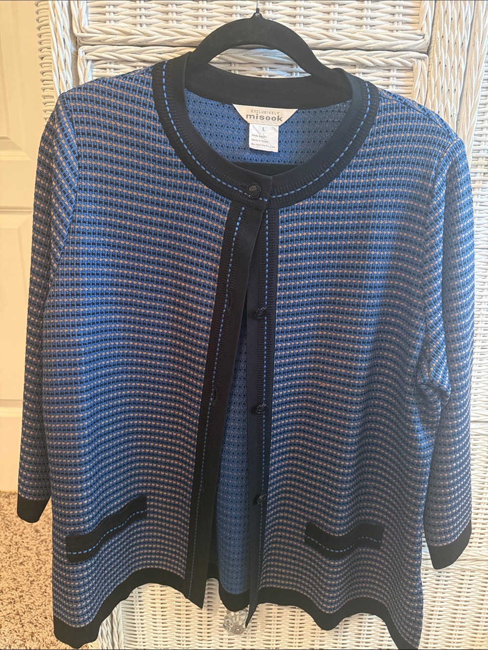 Misook Blue and Black Trim Patterned Cardigan